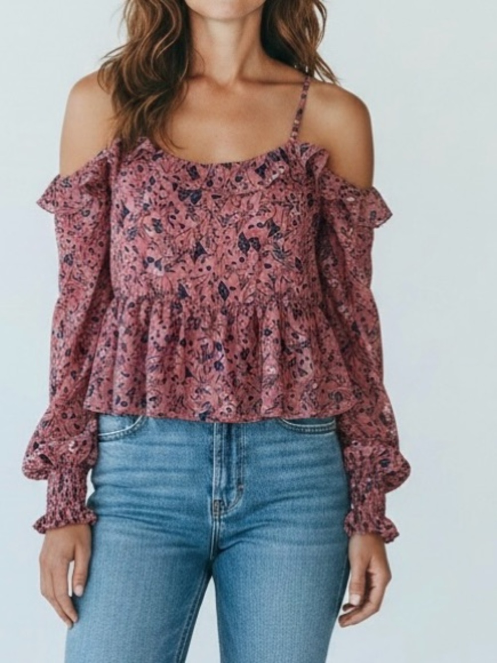 William Rast Mauve Pink Floral Cold-Shoulder Peplum Blouse